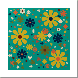 Flowerama - Retro Flower Power Pattern in Midcentury Modern Colours on Turquoise Teal Posters and Art